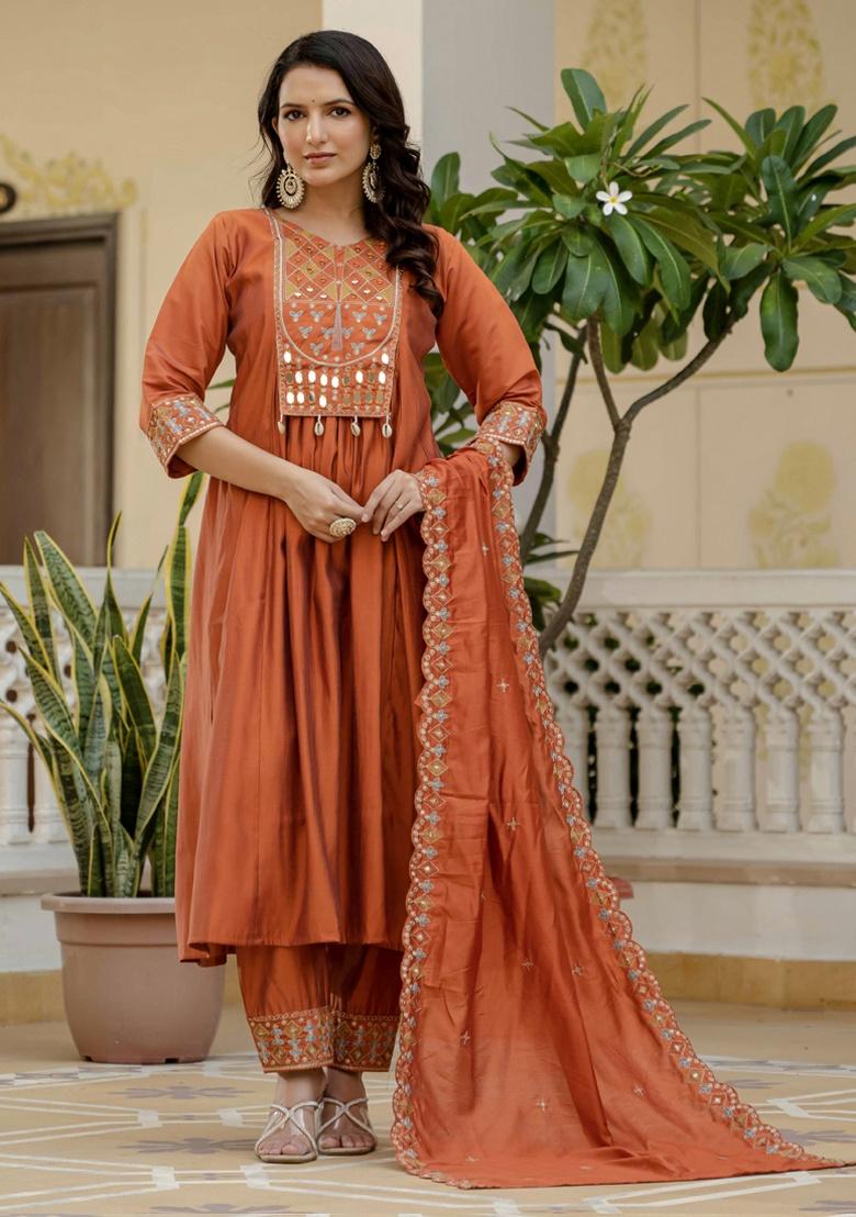 Orange Embroidery Silk Salwar Kameez With Dupatta - Indya