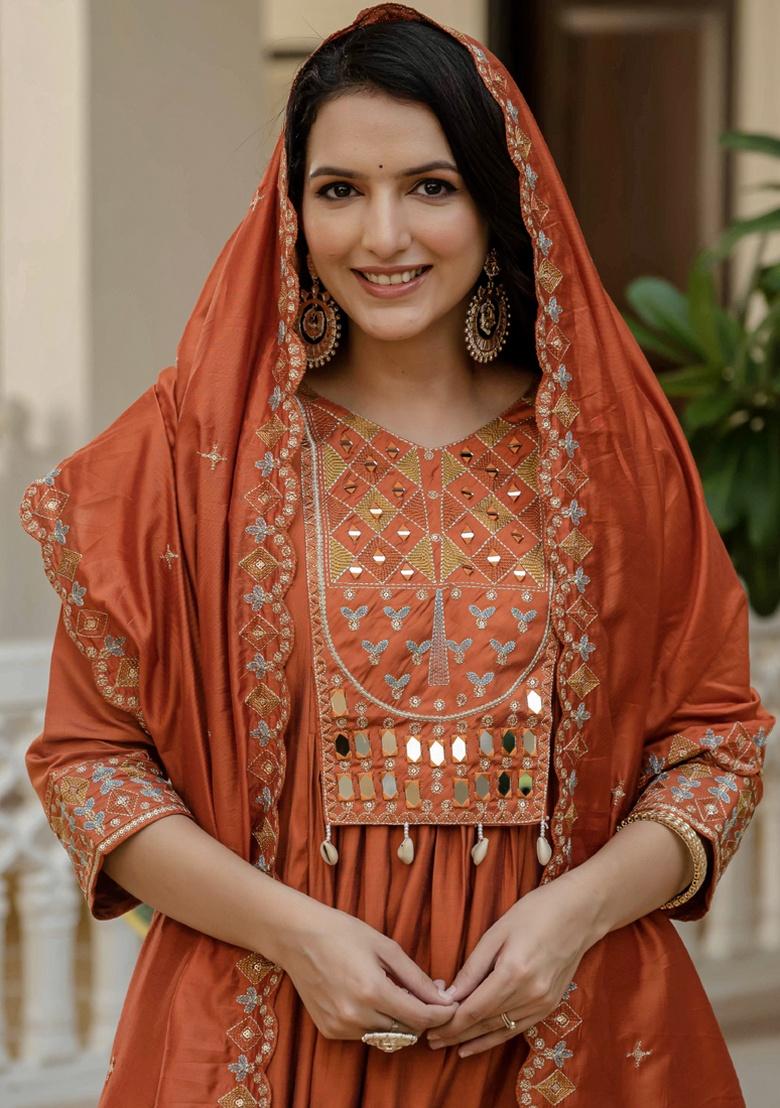 Orange Embroidery Silk Salwar Kameez With Dupatta - Indya