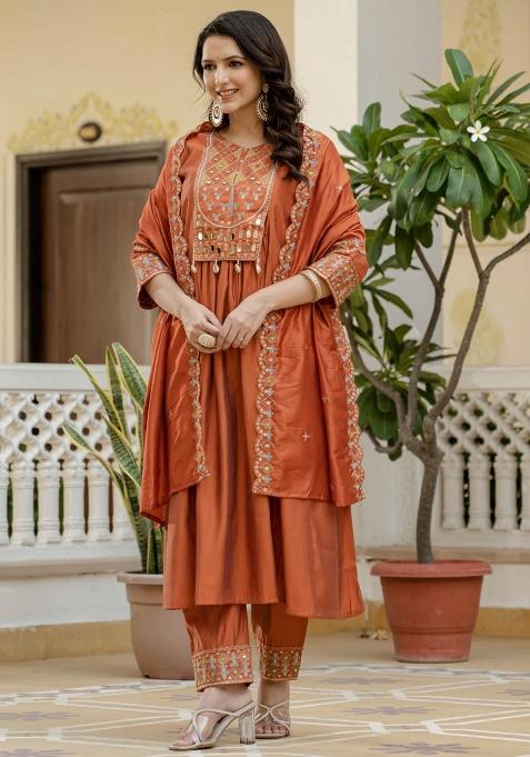 Orange Embroidery Silk Salwar Kameez With Dupatta