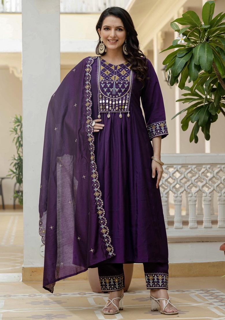Purple Embroidery Silk Salwar Kameez With Dupatta - Indya