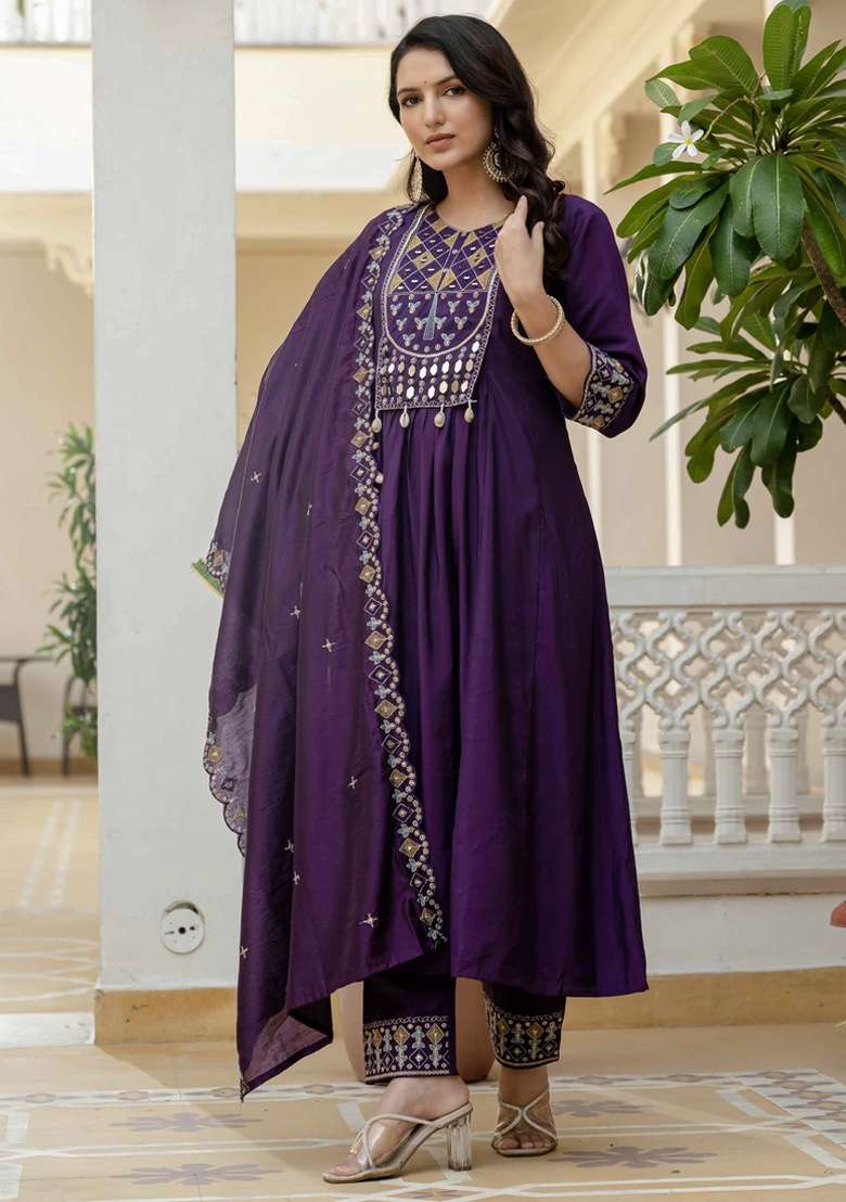 Purple Embroidered Silk Blend Anarkali Set - Indya