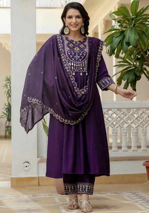 Purple Embroidered Silk Blend Anarkali Set