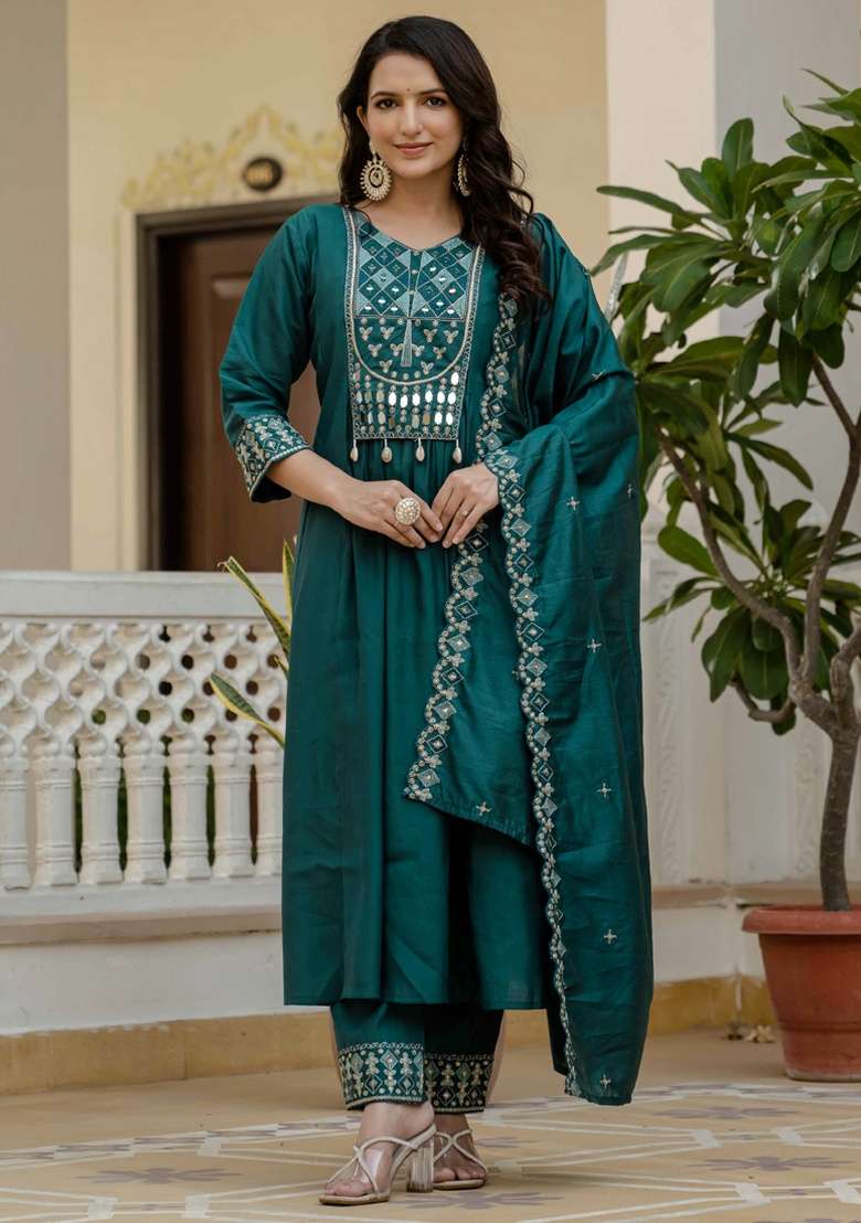 Teal Embroidered Silk Blend Straight Kurta Set - Indya