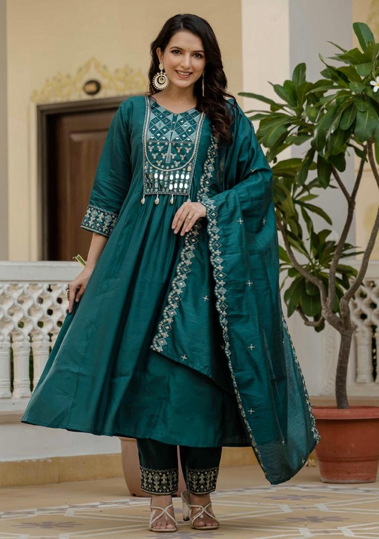Teal Embroidery Silk Salwar Kameez With Dupatta - Indya