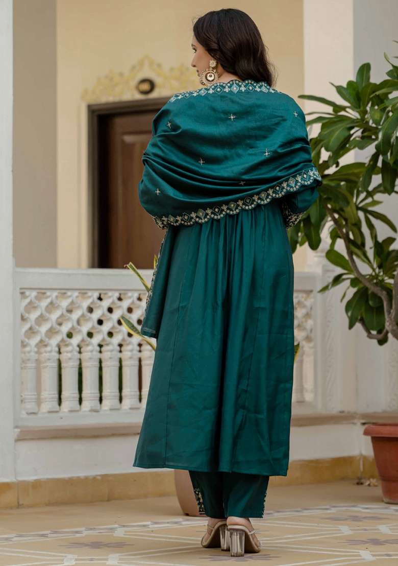 Teal Embroidered Silk Blend Straight Kurta Set - Indya