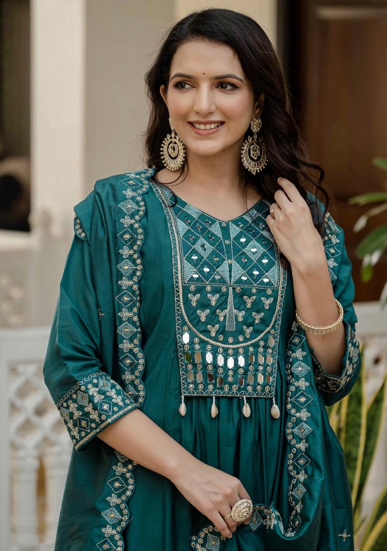 Teal Embroidery Silk Salwar Kameez With Dupatta - Indya