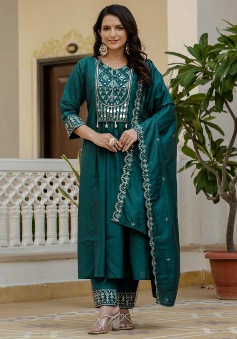 Teal Embroidery Silk Salwar Kameez With Dupatta