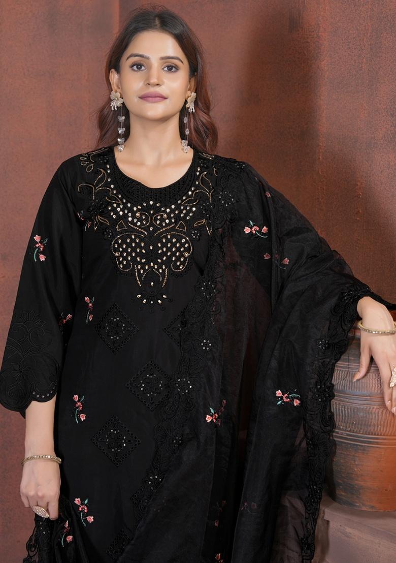 Black Embroidery Silk Salwar Kameez With Dupatta - Indya
