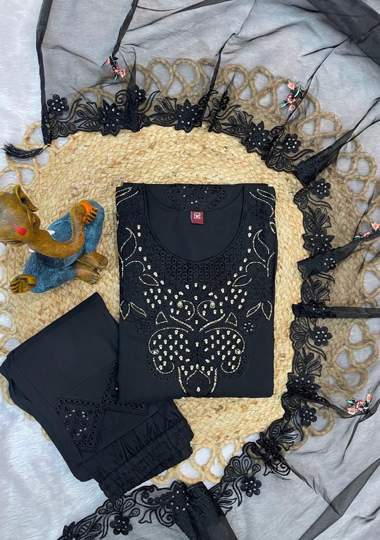 Black Embroidery Silk Salwar Kameez With Dupatta - Indya