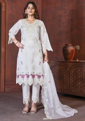 White Embroidery Silk Salwar Kameez With Dupatta