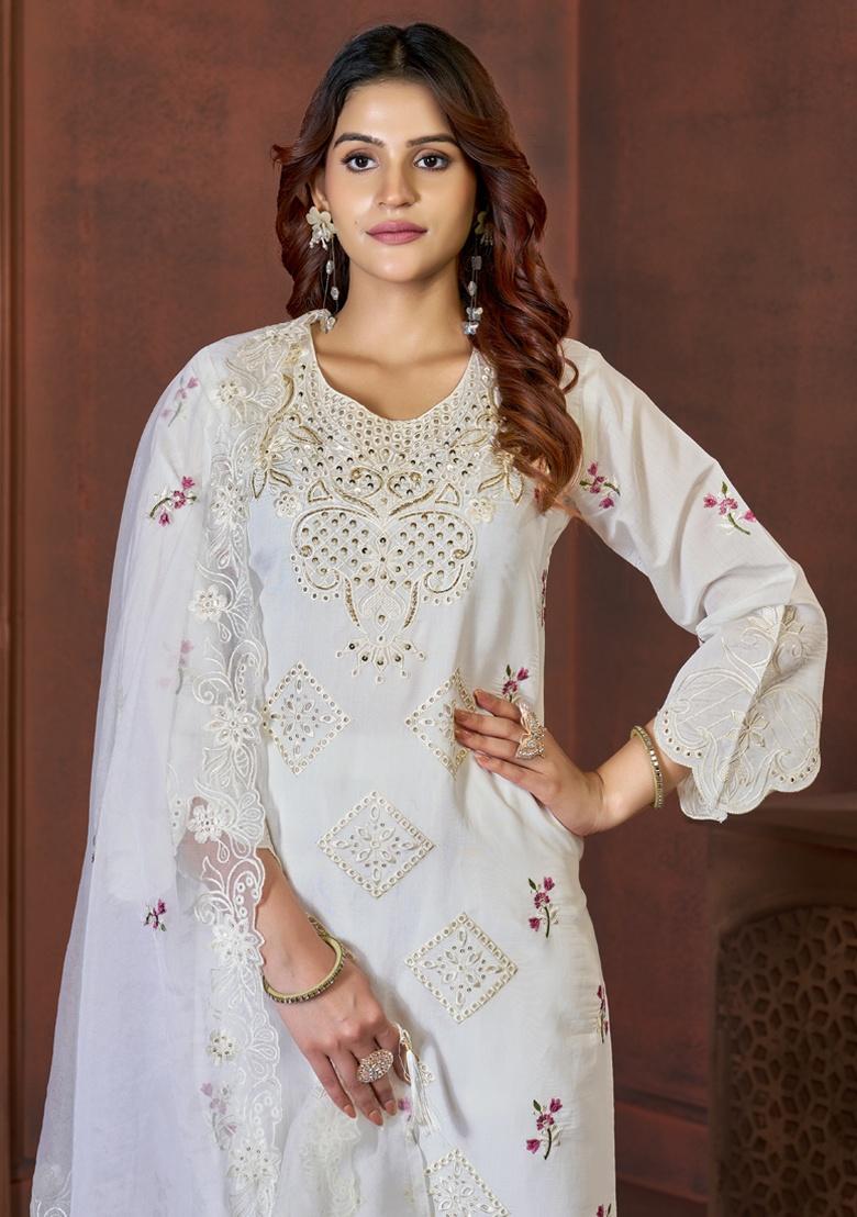 White Embroidery Silk Salwar Kameez With Dupatta - Indya