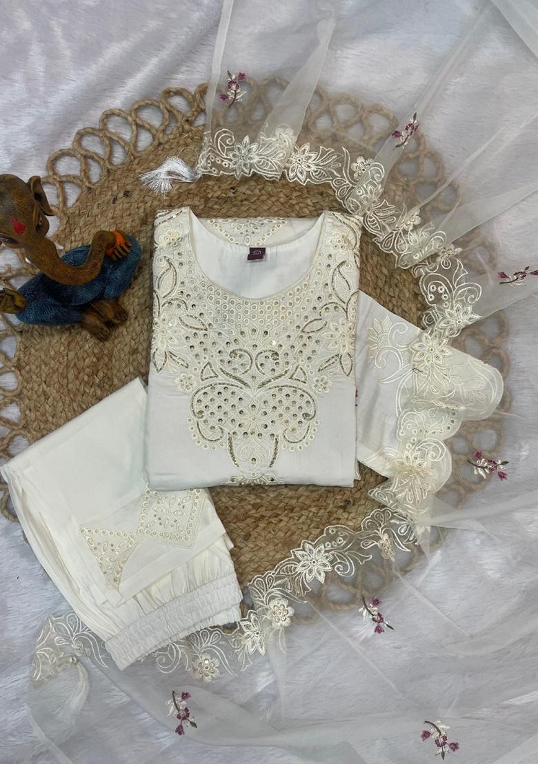 White Embroidery Silk Salwar Kameez With Dupatta - Indya