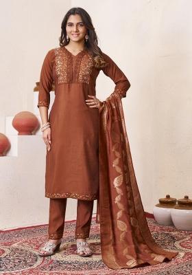 Brown Embroidery Silk Salwar Kameez With Dupatta
