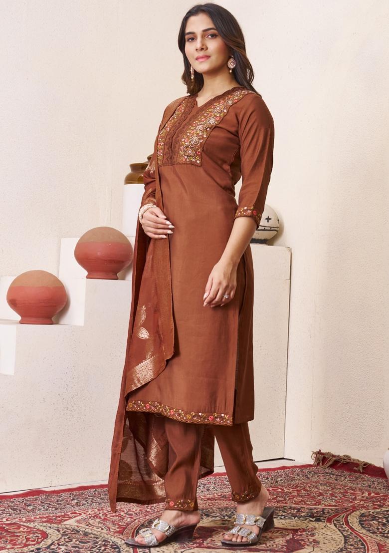 Brown Embroidery Silk Salwar Kameez With Dupatta - Indya