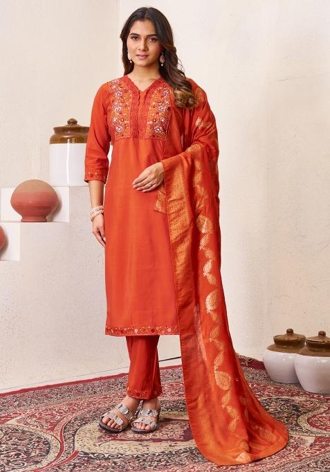Rust Embroidery Silk Salwar Kameez With Dupatta