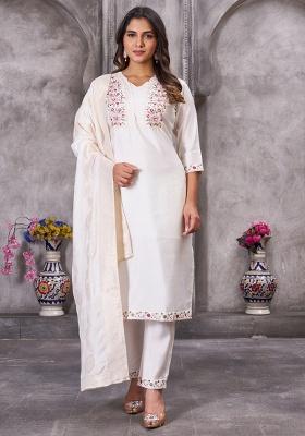 White Embroidery Silk Salwar Kameez With Dupatta