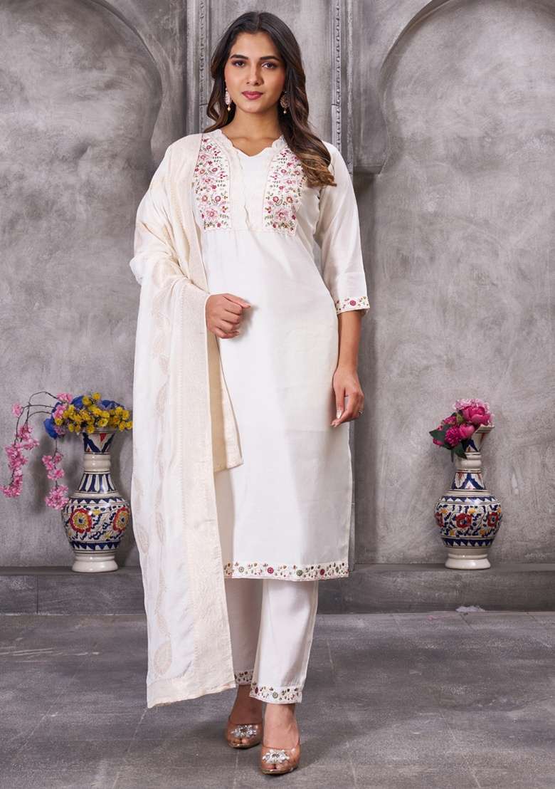 White Embroidered Silk Blend Straight Kurta Set - Indya