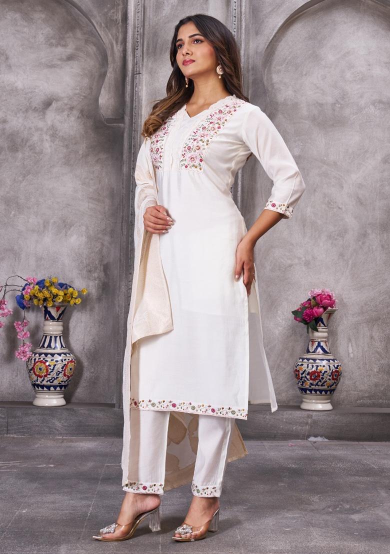 White Embroidery Silk Salwar Kameez With Dupatta - Indya