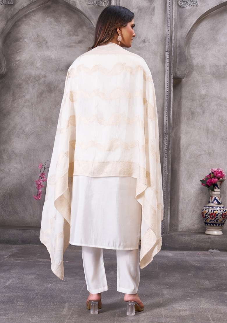 White Embroidered Silk Blend Straight Kurta Set - Indya