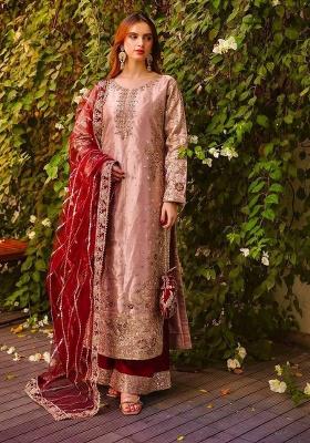 Peach Embroidered Silk Pakistani Suit Set