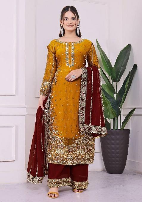 Yellow Embroidered Sequence Silk Plazzo Set