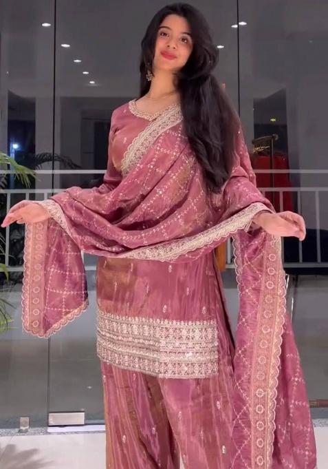 Peach Embroidered Sequence Silk Plazzo Set