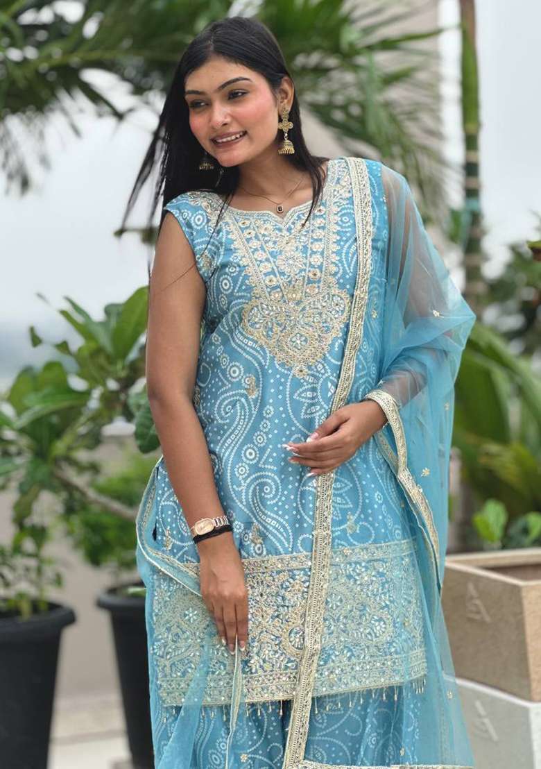 Sky Blue Embroidered Silk Sharara Set - Indya