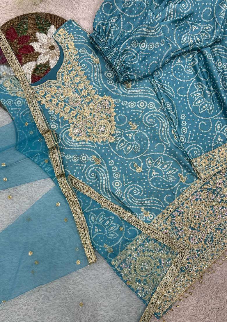Sky Blue Embroidered Silk Sharara Set - Indya