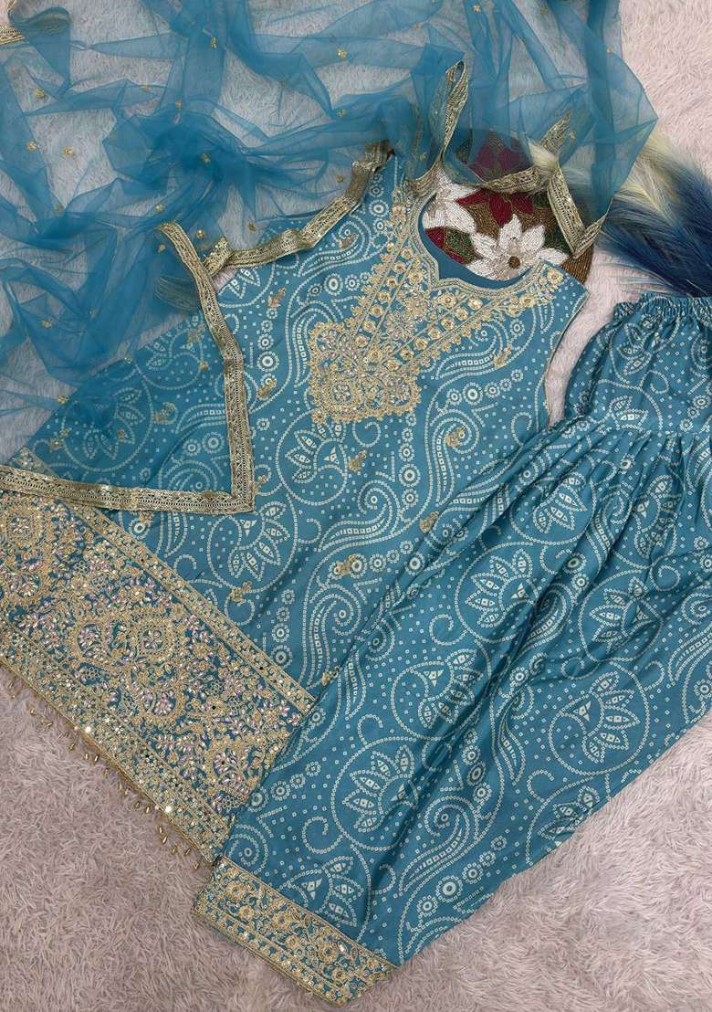 Sky Blue Embroidered Silk Sharara Set - Indya