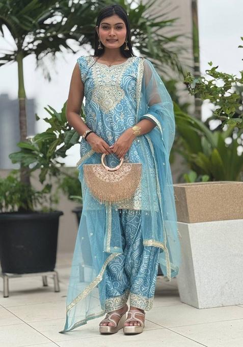 Sky Blue Embroidered Sequence Silk Kurta Set