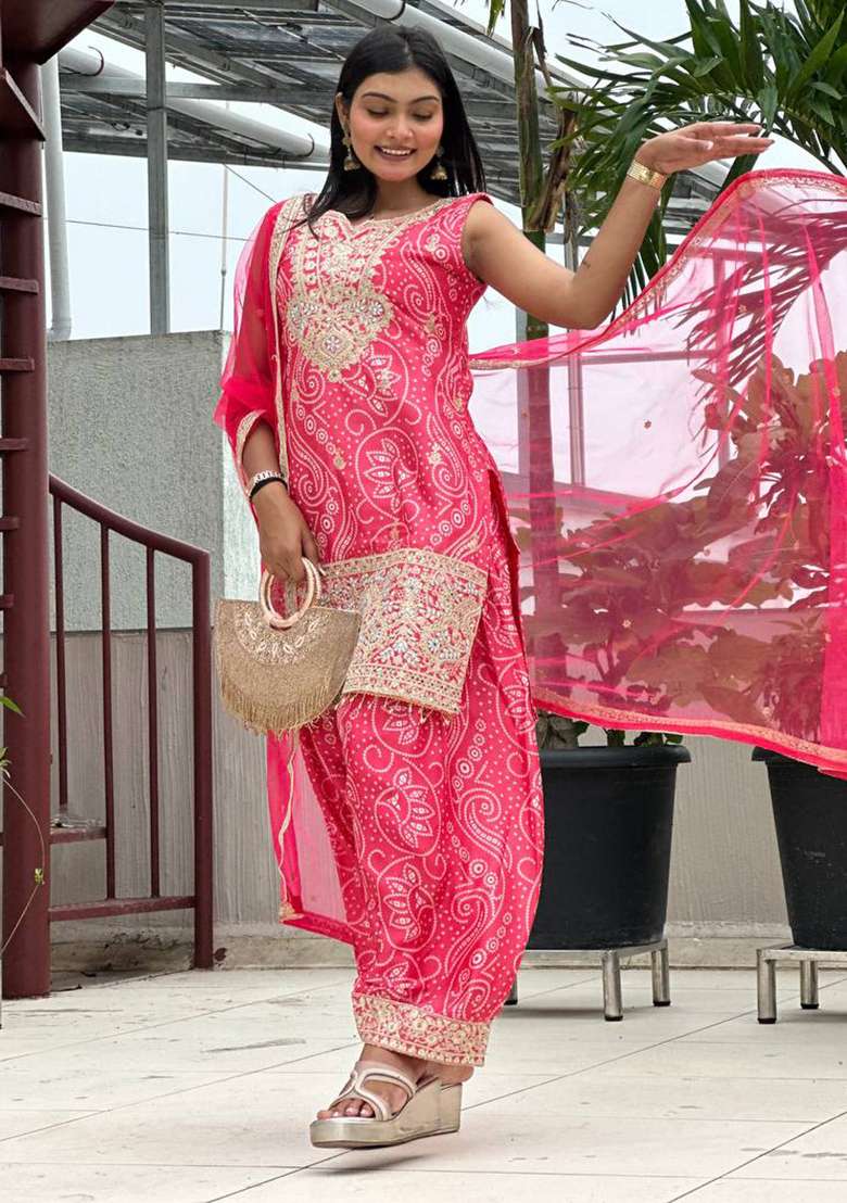 Pink Embroidered Silk Sharara Set - Indya
