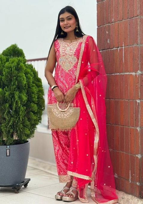 Pink Embroidered Sequence Silk Kurta Set