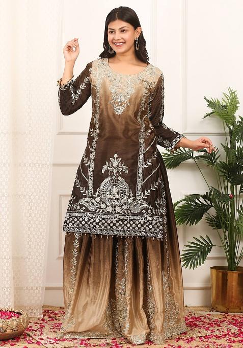 Coffee Embroidered Sequence Silk Plazzo Set