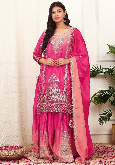Pink Embroidered Sequence Silk Plazzo Set