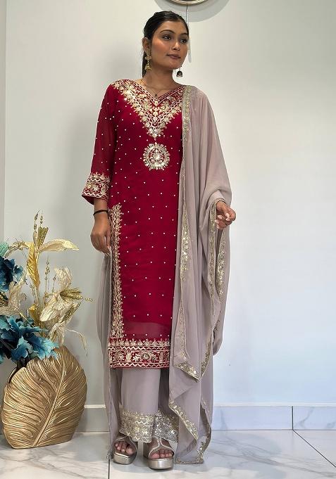 Maroon Embroidered Sequence Georgette Plazzo Set