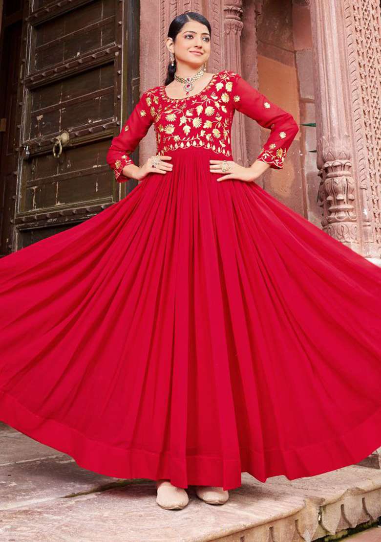 Maroon Embroidered Georgette Anarkali - Indya