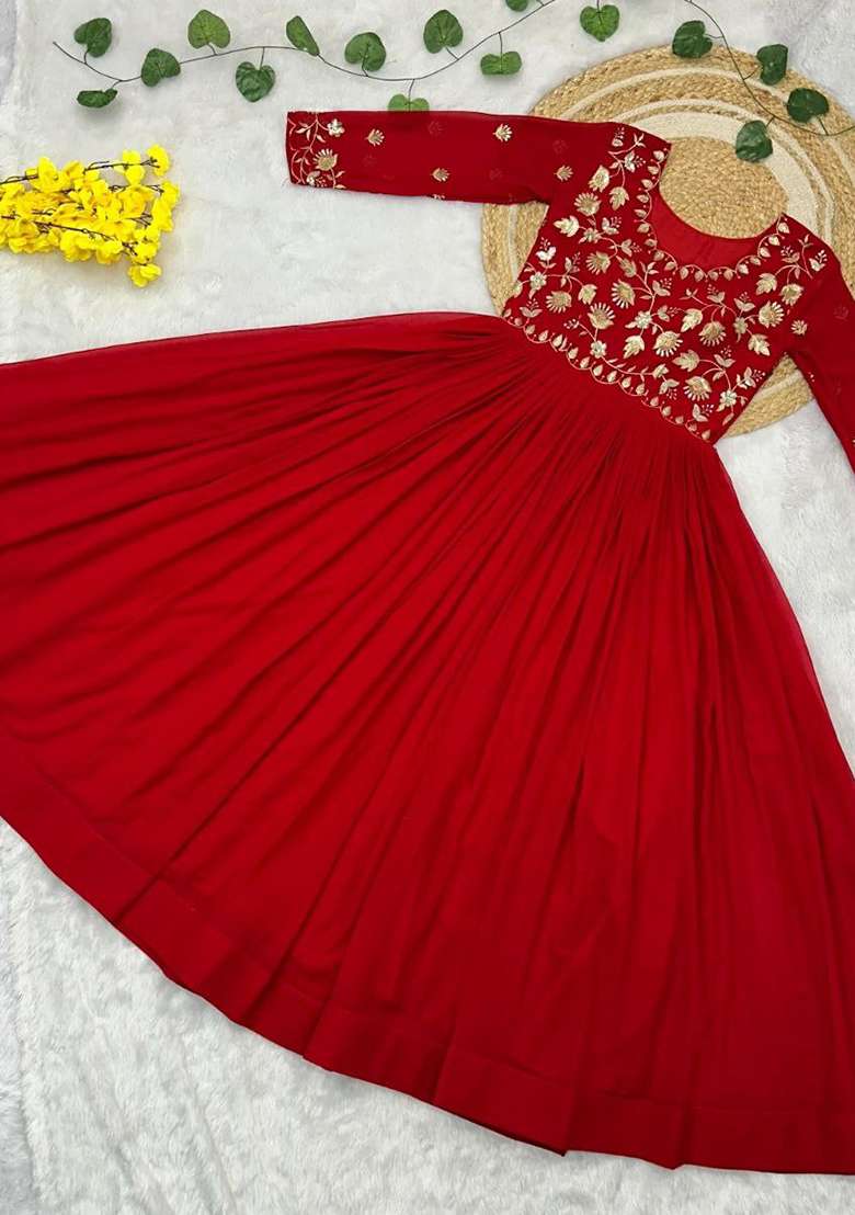 Maroon Embroidered Georgette Anarkali - Indya