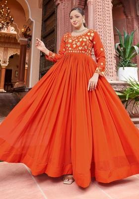Rust Embroidered Sequence Georgette Gown