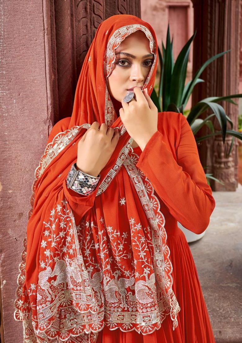 Rust Embroidered Sequence Georgette Gown With Dupatta - Indya