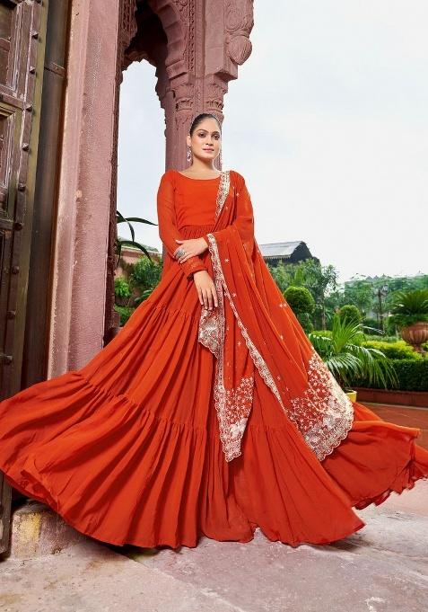 Rust Embroidered Sequence Georgette Gown With Dupatta