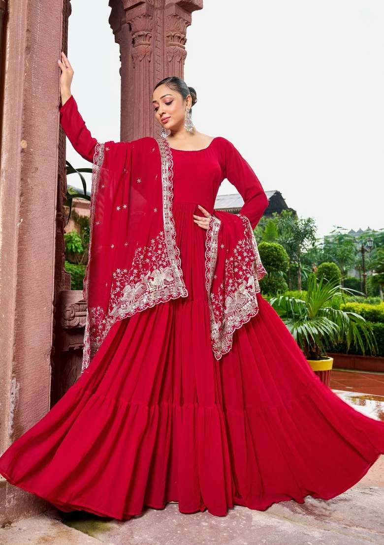 Red Embroidered Georgette Anarkali Set - Indya
