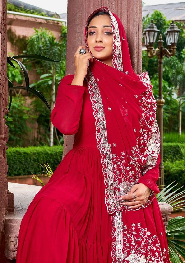 Red Embroidered Sequence Georgette Gown With Dupatta - Indya