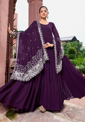 Wine Embroidered Sequence Georgette Gown With Dupatta