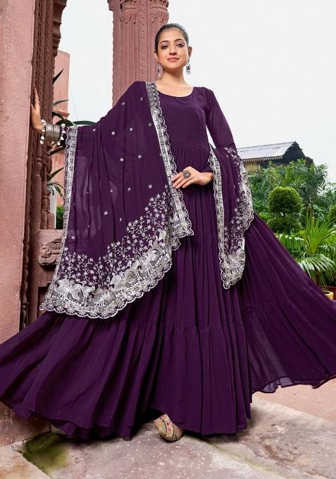 Wine Embroidered Sequence Georgette Gown With Dupatta