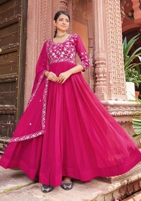 Rani Pink Embroidered Sequence Georgette Gown With Dupatta