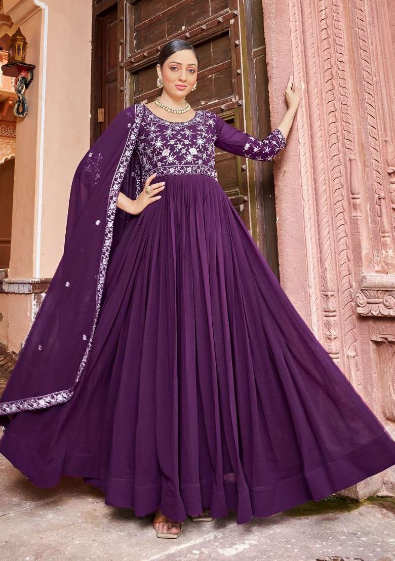 Purple Embroidered Georgette Anarkali Set - Indya