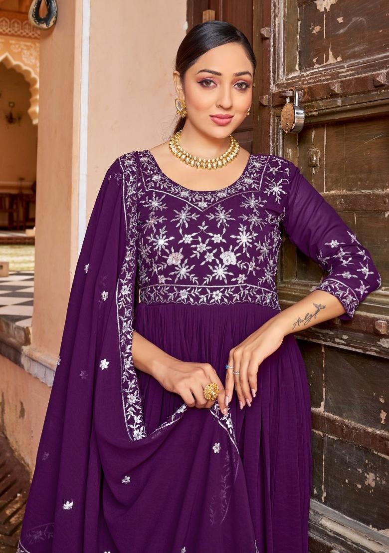 Purple Embroidered Sequence Georgette Gown With Dupatta - Indya