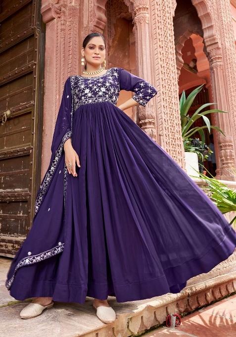 Blue Embroidered Sequence Georgette Gown With Dupatta