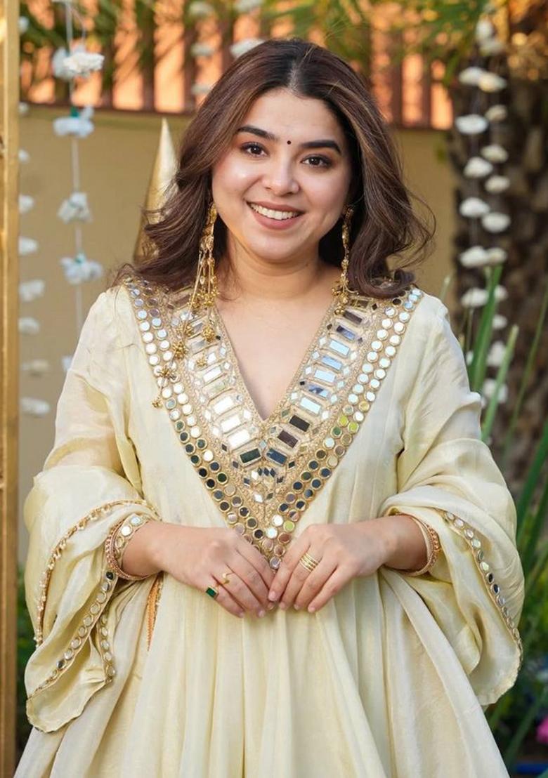 Off White Mirror Work Thread Silk Plazzo Set - Indya