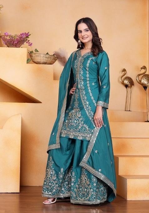 Turquoise Embroidered Sequence Silk Sharara Set